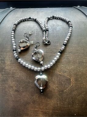 Hand Crafted Silver-Tone Heart Crystal Necklace & Earrings Set